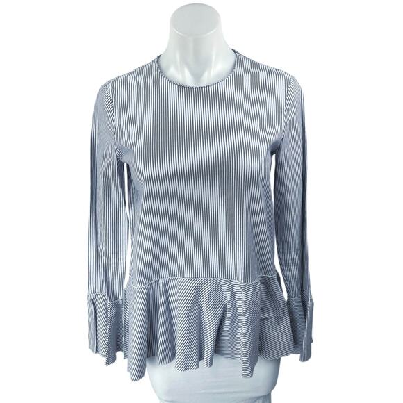 Theory Lexanda Mason White Blue Striped Long Bell Sleeve Peplum Blouse Top Sz XS - Picture 5 of 9